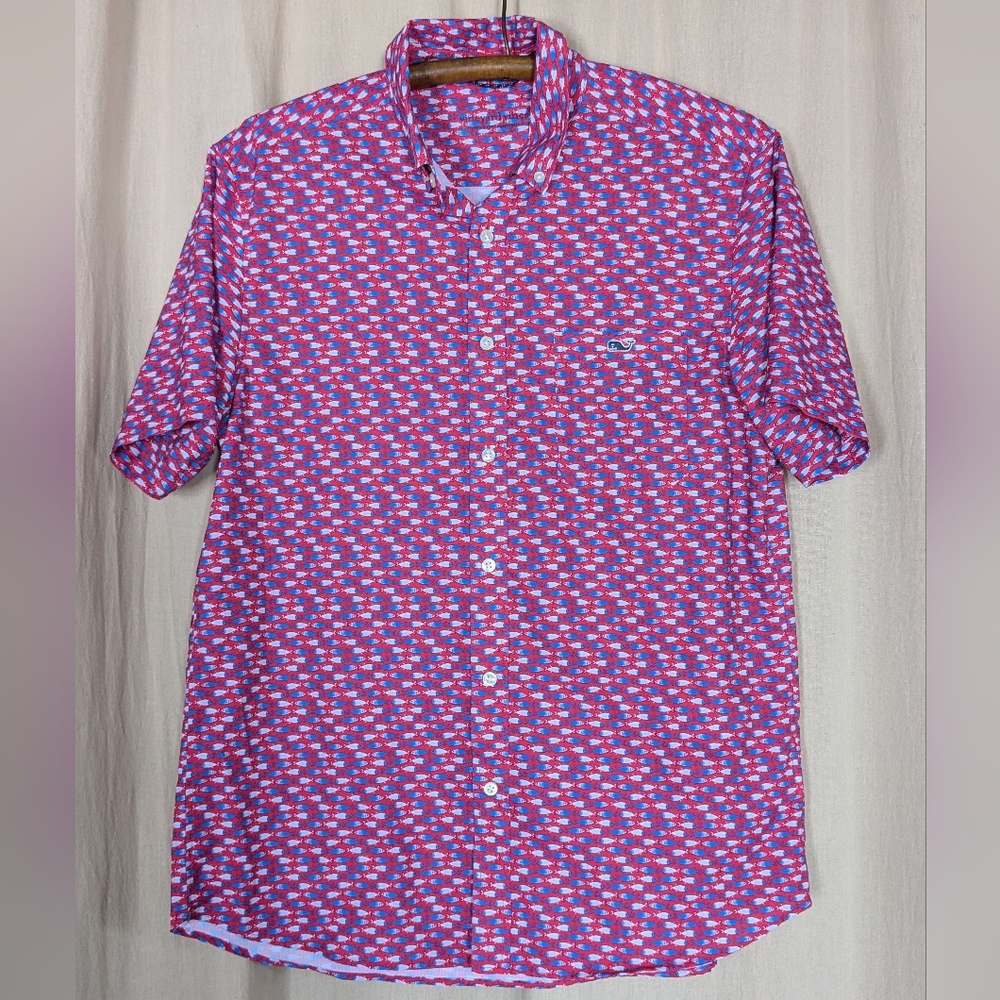 Vineyard Vines Micro Fish Red Short Sleeve Feather Performance Ripstop Shirt Med - Picture 2 of 10